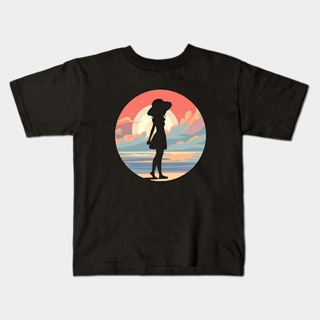 Girl walking on the shore Kids T-Shirt by Ceiko